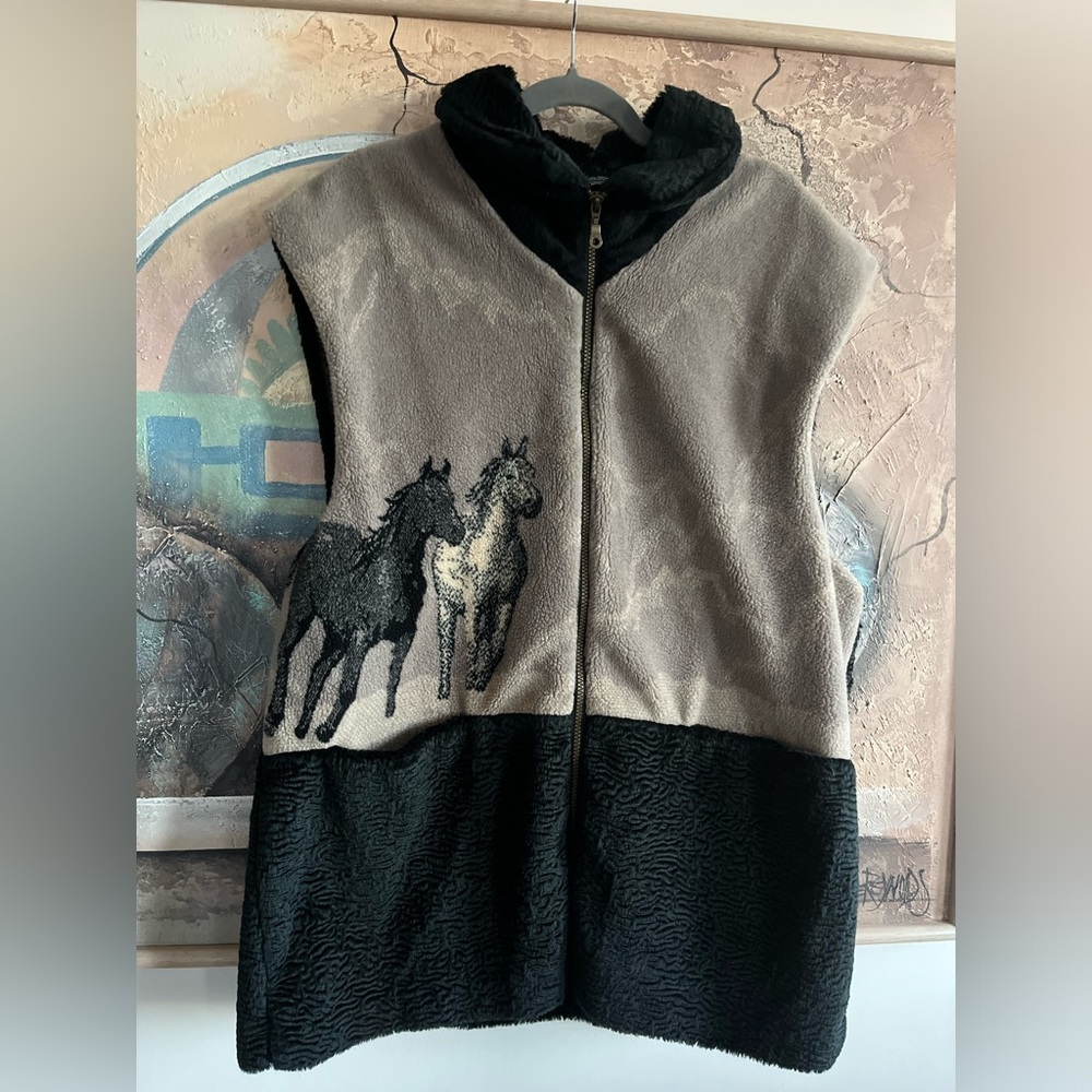 Vintage Danielle Nault Sherpa Horses Zip-up Sweater Vest